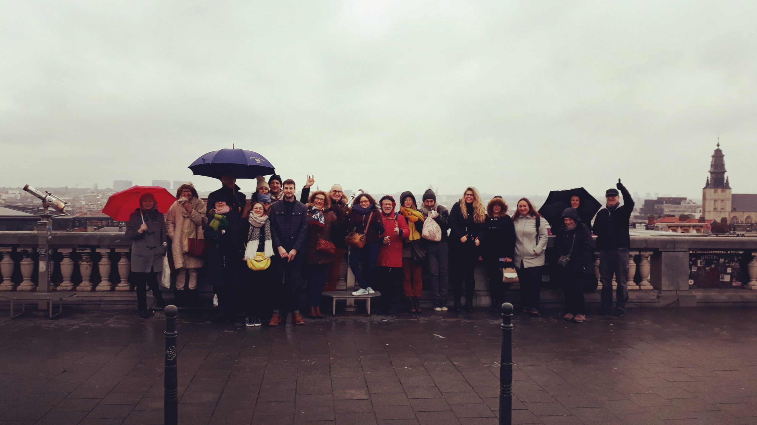 Grote groep Brussel te voet poseren op het Poelaertplein